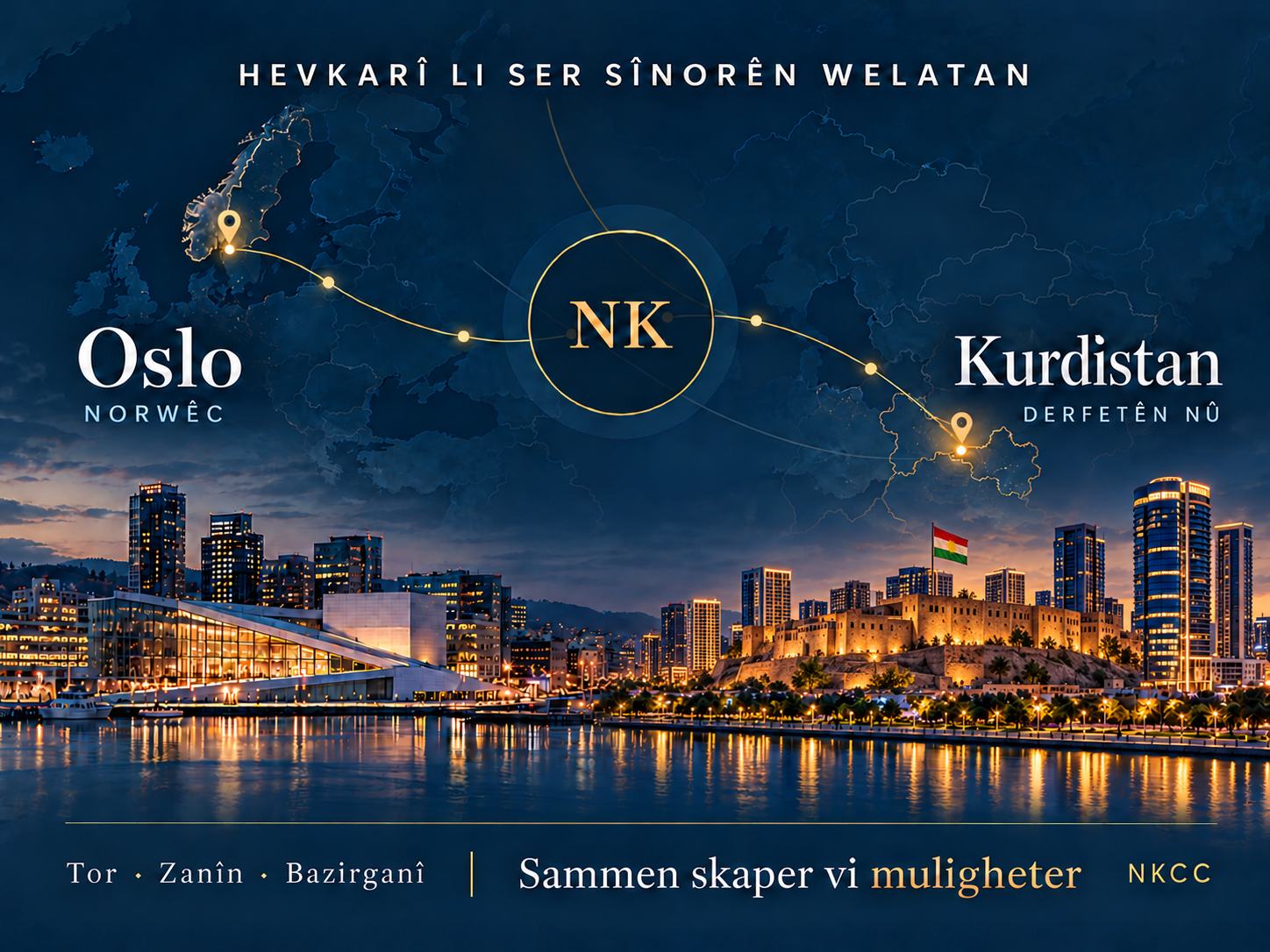 Kart og bymotiv som forbinder Oslo og Kurdistan